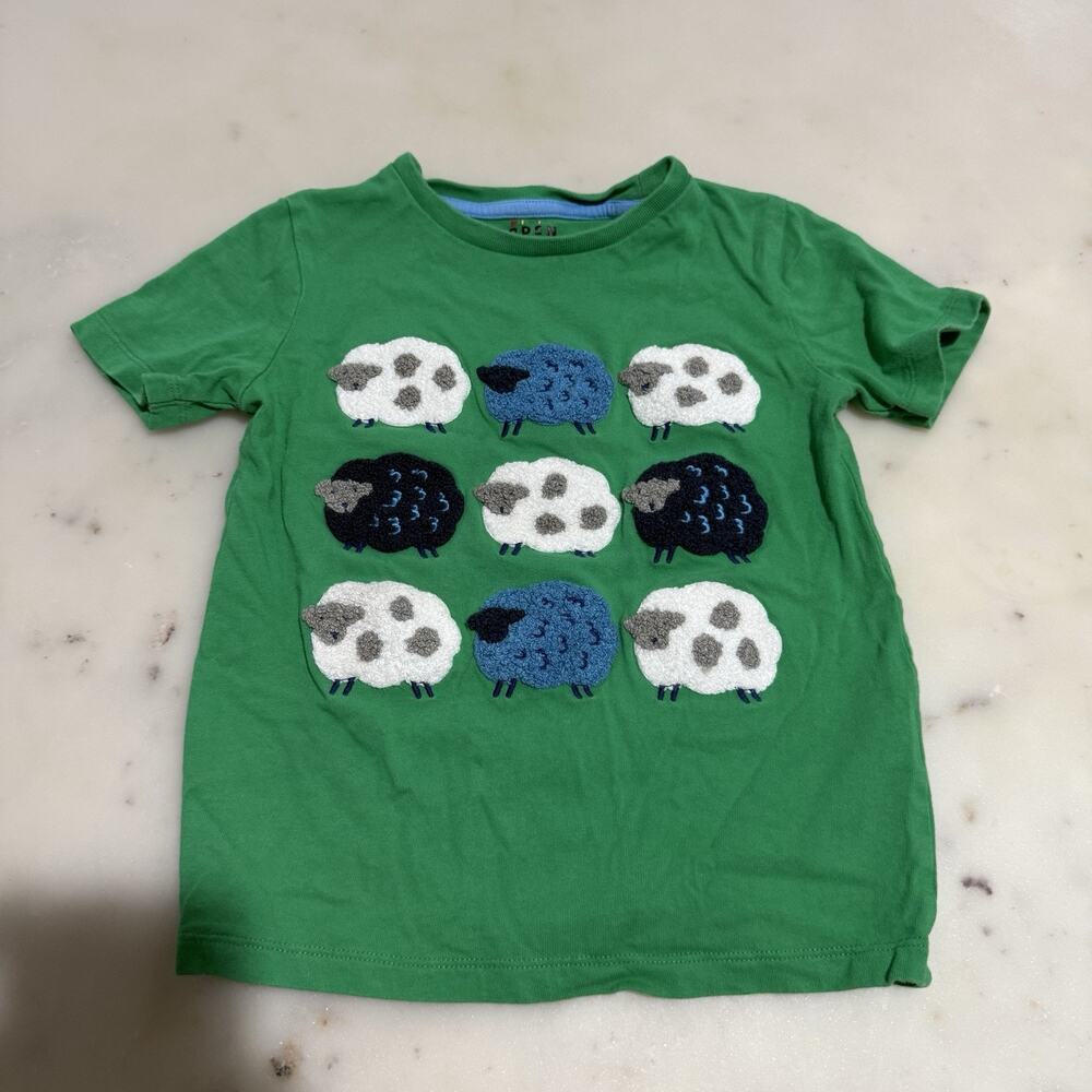 Mini Boden 5-6 Yr Short Sleeve Bouclé T-shirt Green Sheep 100% Cotton